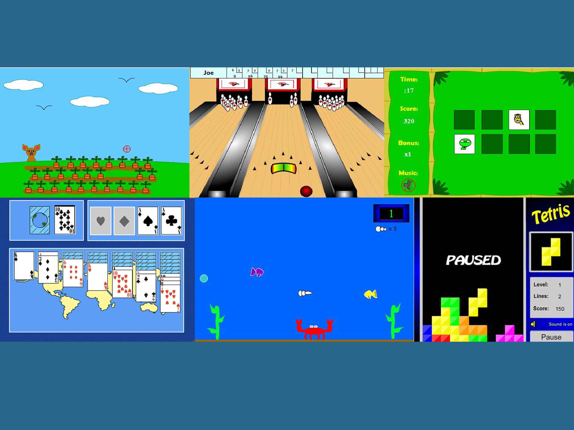 Several Adobe Flash games including Tetris, Memory and Solitare.